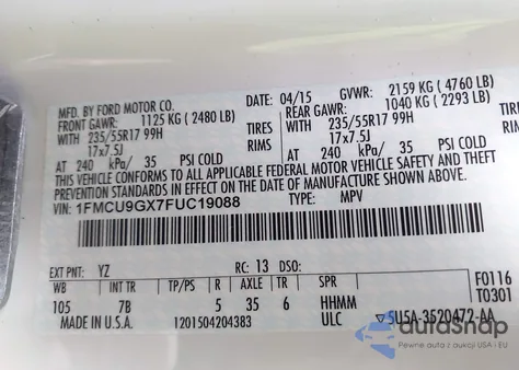 2015 Ford Escape Se z USA, uszkodzony, nr VIN 1FMCU9GX7FUC19088